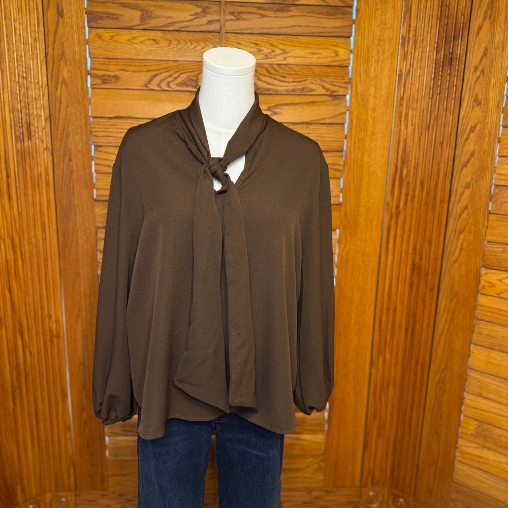Nylon Apparel Brown Tie Neck Blouse Long Sleeve Top Small Thanksgiving Outfit
